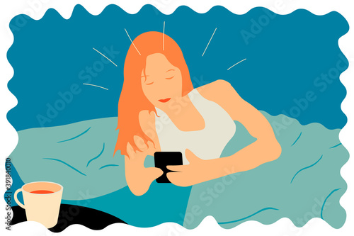 Woman using smartphone on bed. Mobile addiction concept. Vector illustration.