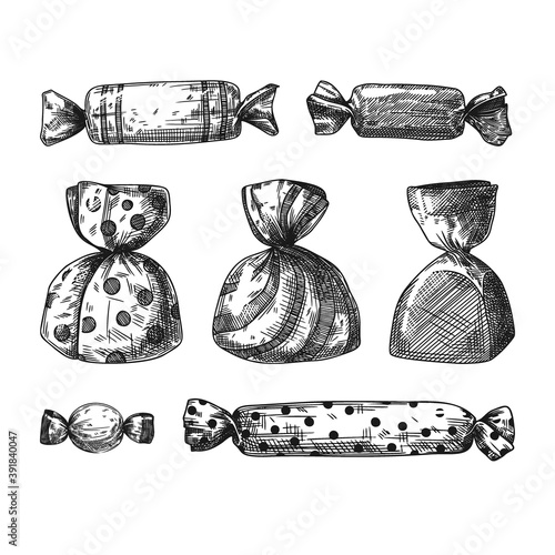 Set of different sweets in a wrapper isolated on a white background. Sketch