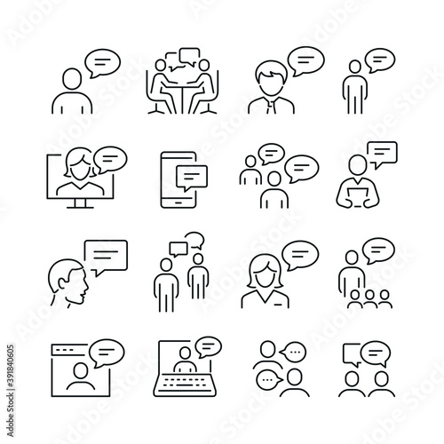 Speech related icons: thin vector icon set, black and white kit