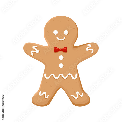 Gingerbread man cookie isolated on white background. Christmas pastries. Vector festive illustration in cartoon flat style.