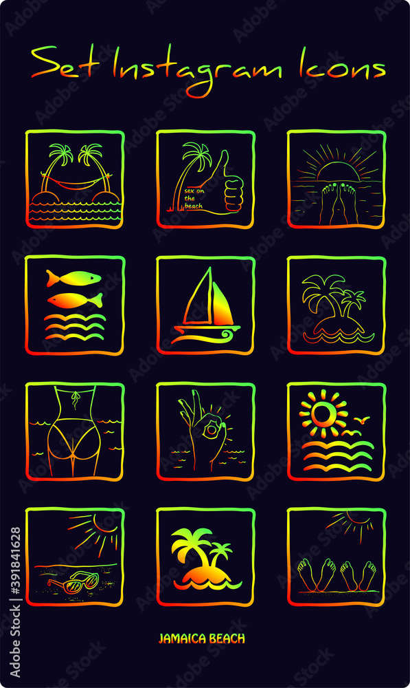 Set of vector doodle travel icons made by hand, sea, sun, palms, island, ship.