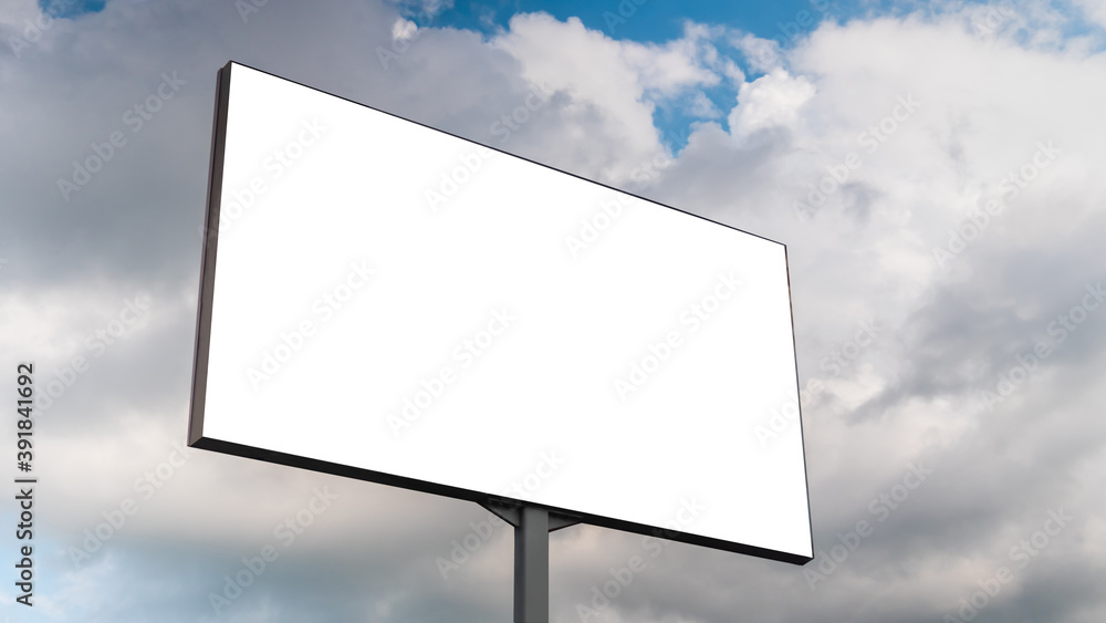 Mock up image - blank white billboard or large advertising display and white clouds against blue sky. Consumerism, mockup, advertising, isolated white screen, template, copyspace concept Mock up image - blank white billboard or large advertising display and white clouds against blue sky. Consumerism, mockup, advertising, isolated white screen, template, copyspace concept