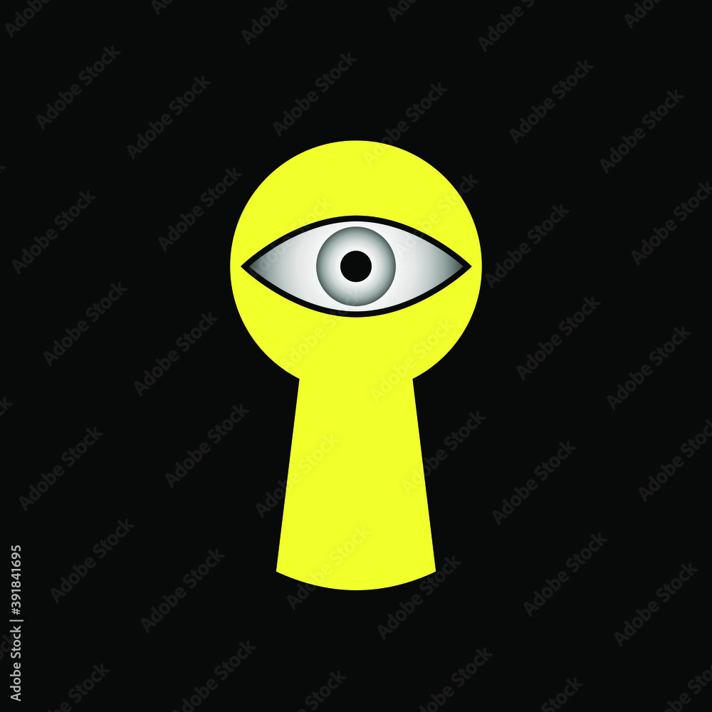 The human eye looks through the keyhole. Keyhole. Human eye. Door lock