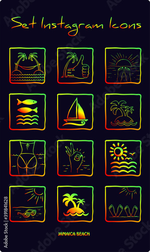 Set of vector doodle travel icons made by hand, sea, sun, palms, island, ship.