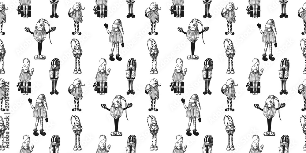 Christmas seamless pattern with Scandinavian Christmas gnomes. Sketch Christmas seamless pattern with Scandinavian Christmas gnomes. Sketch