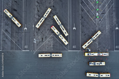 Canvas Print Drone photo of Ostrobramska buses depot of MZA public transport company in Warsa