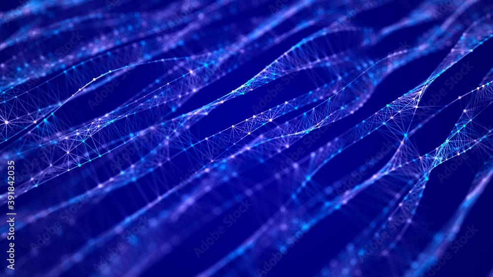 Abstract background with connection dots and lines. Futuristic dynamic wave. Science background with DNA. Technology illustration. 3d rendering.