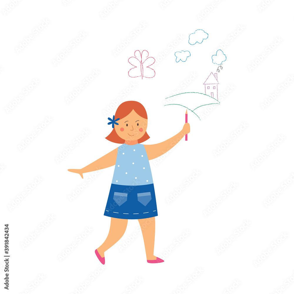 Cute little girl drawing doodles on the wall, flat vector illustration isolated. Cute little girl drawing doodles on the wall, flat vector illustration isolated.