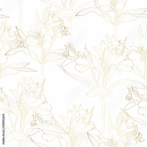 Beautiful seamless background with golden line alstroemeria lilies flower. Design greeting card and invitation of the wedding, birthday, Valentine's Day, mother's day and other seasonal holiday.