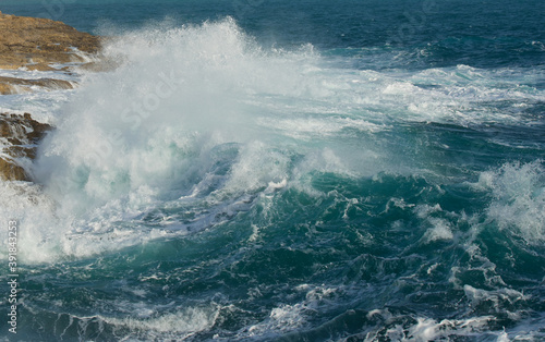 Fototapeta Naklejka Na Ścianę i Meble -  Stormy day in Malta. Big waves close up. Amazing sea. Autumn in Malta. Dangerous. 