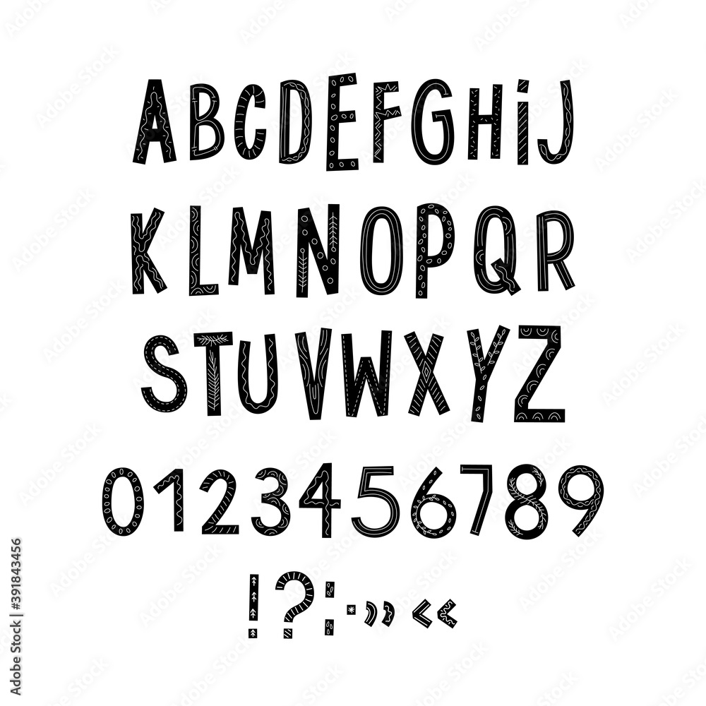 Alphabet set with numbers and punctuation. Christmas and New Year patterns inside. Isolated vector letters for your design. Black and white color. Alphabet set with numbers and punctuation. Christmas and New Year patterns inside. Isolated vector letters for your design. Black and white color.