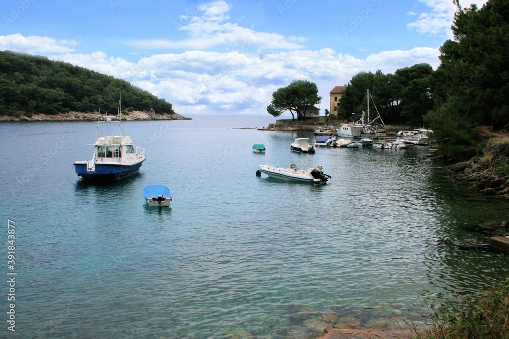 boats in a lovely bay, Valdarke, island Losinj, Croatia