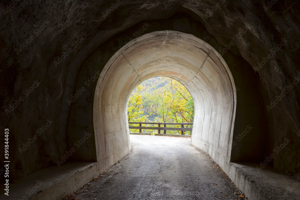 Exit from the tunnel with a beautiful view of the autumn nature