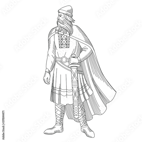Heraldry.Old Russian prince with a sword in armor. Stock vector illustration for coloring book.