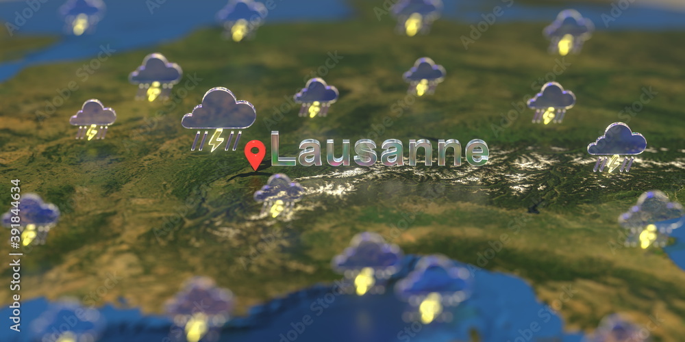 Stormy weather icons near Lausanne city on the map, weather forecast related 3D rendering Stormy weather icons near Lausanne city on the map, weather forecast related 3D rendering