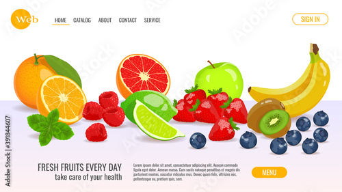 Website design with fresh fruits and berries. Fresh fruits, healthy food, detox, vegan concept. Vector illustration for banner, poster, cover.
