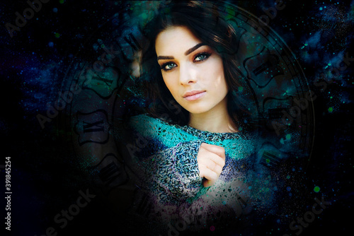 Woman against the background of the cosmic sky and clock
