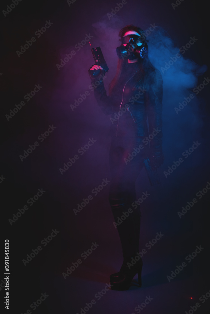 Cyberpunk girl in the smoke in the neon lights background concept.
