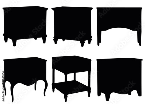 Chests of drawers and tables with bedside tables in the set.