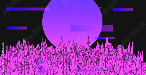 Synthwave style retro landscape with glitched and distorted grid. Retrowave and vaporwave neon aesthetics like il old computer video games of 80's-90's.