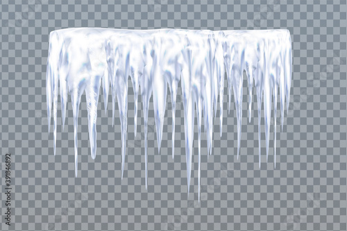 Set of snowy elements,icicles and caps on winter background. Winter seasonal decorations. Vector template in realistic style.