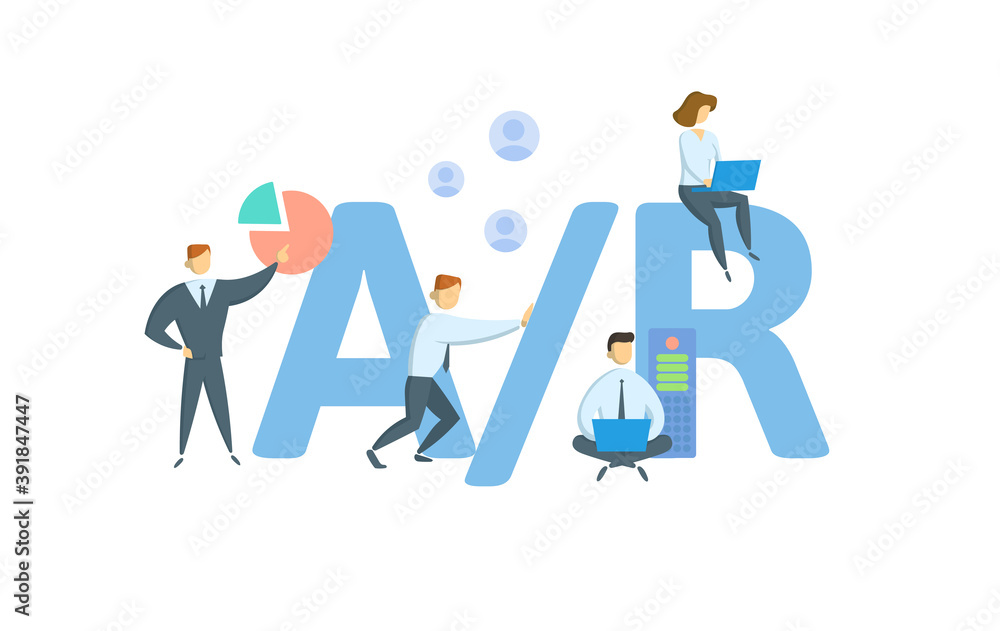 A/R, Accounts Receivable. Concept with keywords, people and icons. Flat vector illustration. Isolated on white background.