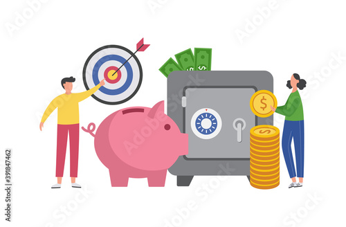People saving money in piggy bank and safe box, flat vector illustration.