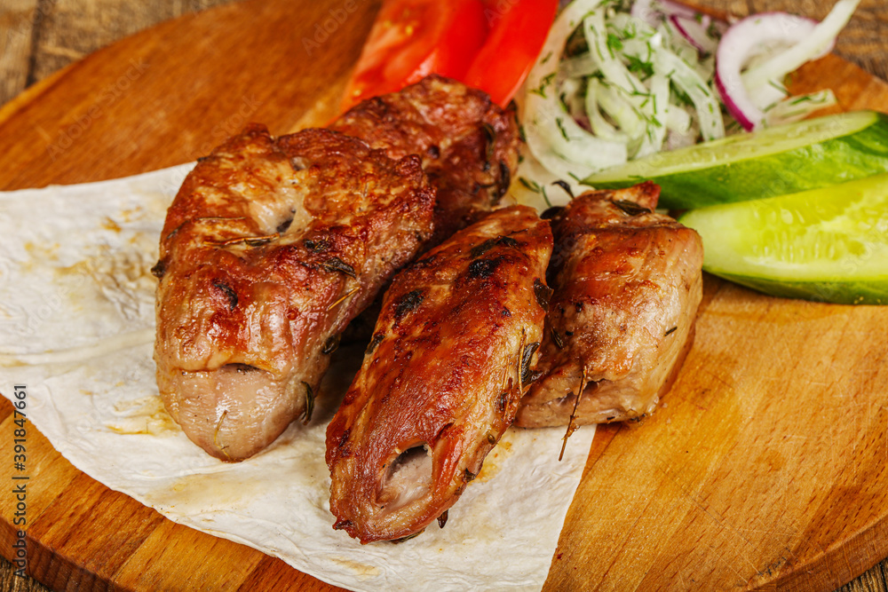 Pork kebab - Sashlik bbq seved vegetables Pork kebab - Sashlik bbq seved vegetables