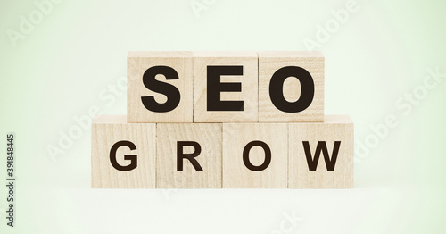 words seo growth made with small wooden cubes on light green