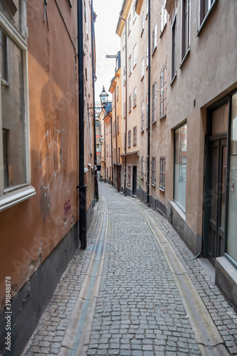 Old narrow street in Gamla Stan  Stockholm  Sweden.