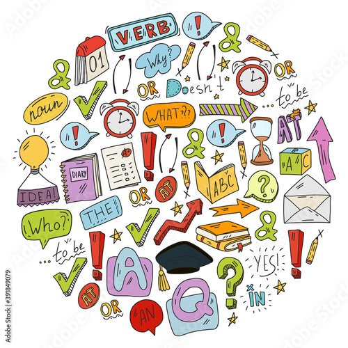 Doodle vector pattern. Illustration of learning English language. E-learning, online education in internet.