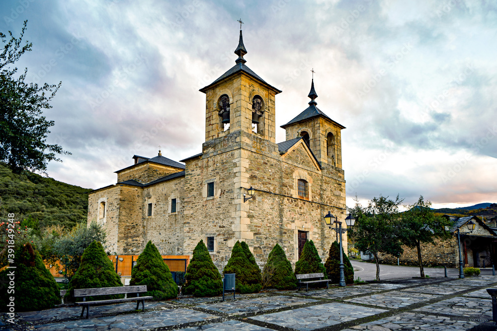 View of monumental San Salvador church in Toral de Merayo, in the Bierzo region of Spain.