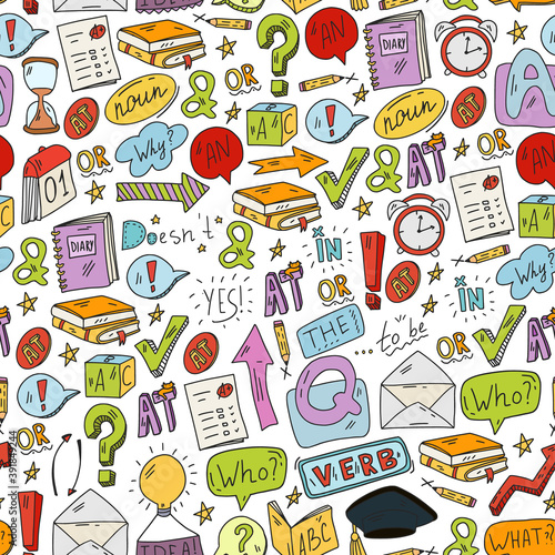 Doodle vector seamless pattern. Illustration of learning English language. E-learning, online education in internet.