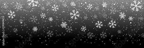 Falling snow on a black background. Snow. Snowfall, snowflakes in different shapes and forms. Snowfall isolated on transparent background. Vector illustration