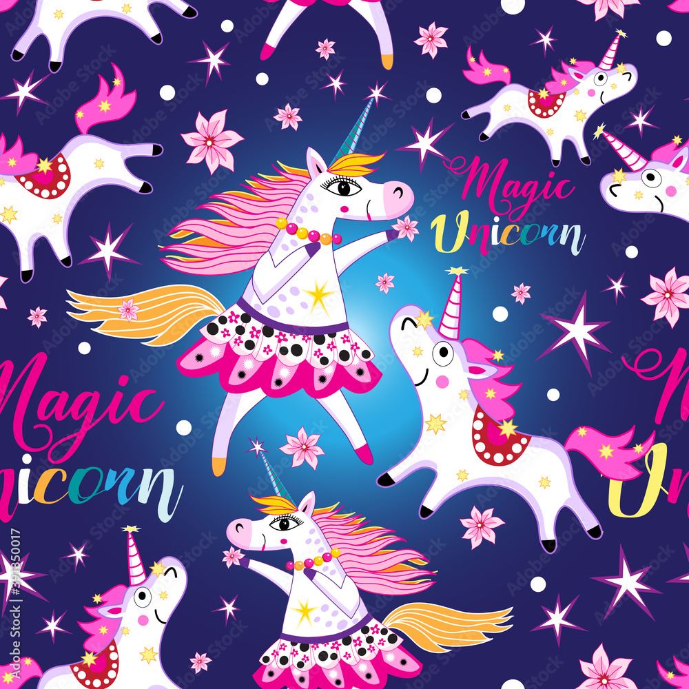 Fototapeta premium Seamless bright pattern with unicorns and stars