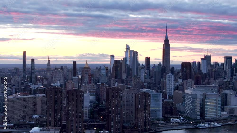 Pink and Blue Cloudscape Cinematic Aerial Empire State Building Skyline Evening Pink and Blue Cloudscape Cinematic Aerial Empire State Building Skyline Evening