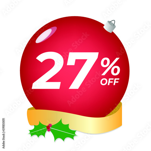 27% off. Twenty-seven percent discount. Christmas sale banner. Red bubble with ornaments on a white background vector.