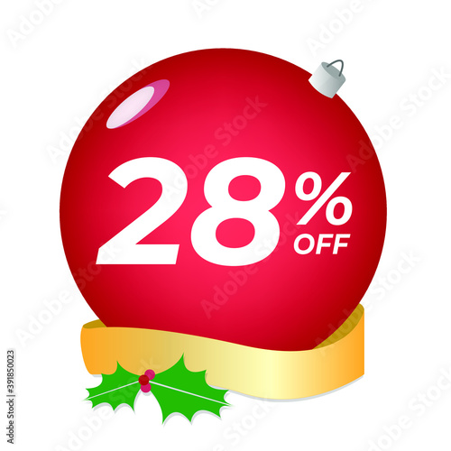 28% off. Twenty-eight percent discount. Christmas sale banner. Red bubble with ornaments on a white background vector.