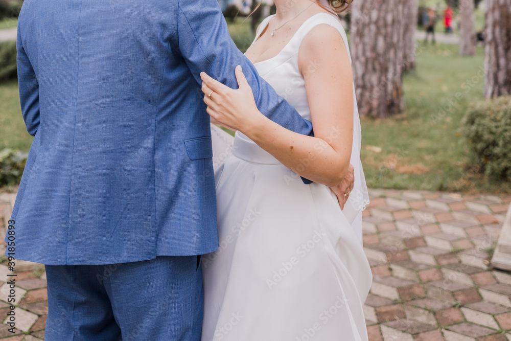 groom with bride together autumn park at wedding groom with bride together autumn park at wedding