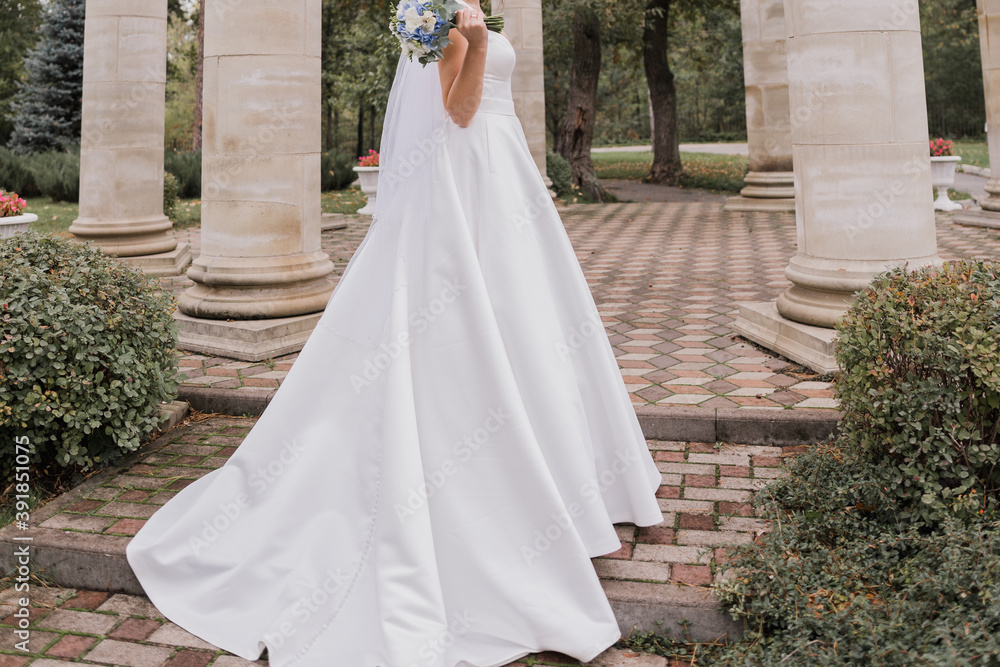Fototapeta premium bride in a wedding dress in columns in the park