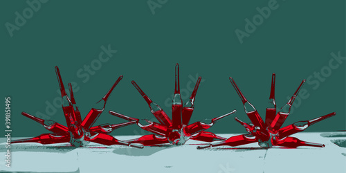 Glass ampoules with a red medicine vitamine b12 coronavirus vaccine glued together 