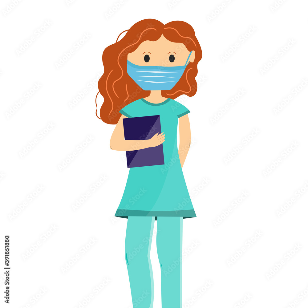 Young nurse dressed in uniform and mask holding a dark blue folder with documents isolated on white background. Young nurse dressed in uniform and mask holding a dark blue folder with documents isolated on white background.