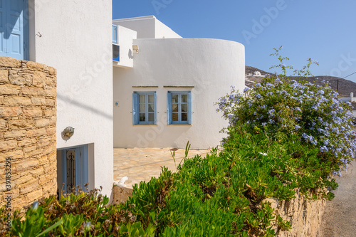 Typical Greek style apartments in Chora town on Folegandros island. Cyclades, Greece
