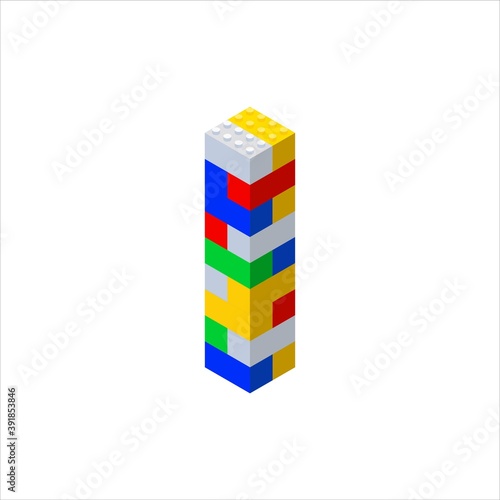 Isometric font made from color plastic blocks. The childrens designer. Letter I. Vector illustration