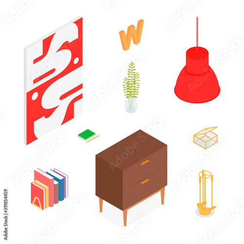 Isometric home decoration and furniture set. Vector collection. Illustration in flat design.