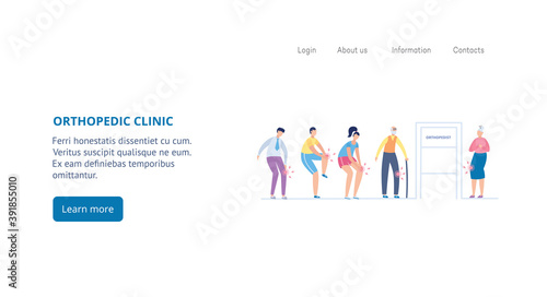 Orthopedic clinic web banner with patients in queue, flat vector illustration.