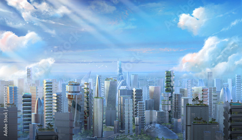 A 3D illlustrated vista of a futuristic city downtown, with greenery and parks, an ecological vision of the future of cities.