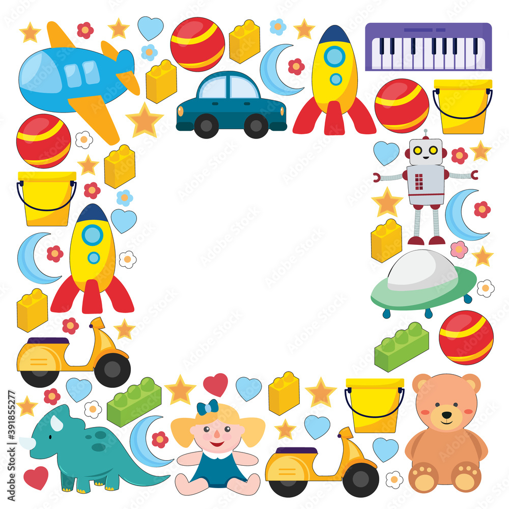 Fototapeta premium Vector pattern with the collection of toys. Doll, submarine, plane, ship. Children and kindergarten illustration.