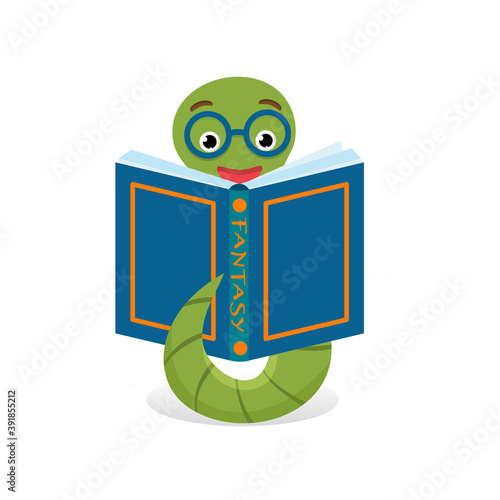 Cute bookworm reading book, isolated on white background. Education concept. Vector cartoon illustration.