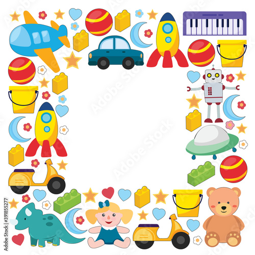 Vector pattern with the collection of toys. Doll  submarine  plane  ship. Children and kindergarten illustration.